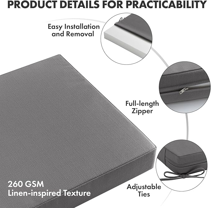 MIULEE Dark Grey Outdoor Dining Cushion 20x20 Inch Waterproof & 3 Year Color Fastness Deep Seat and Back Cushion for Patio Furniture Chair with Ties