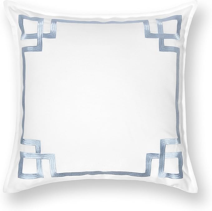 Hofdeco Premium Coastal Patio Indoor Outdoor Throw Pillow Cover Only, 20"x20" Water Repellent for Backyard, Couch, Baby Blue Embroidered Frame Greek Key