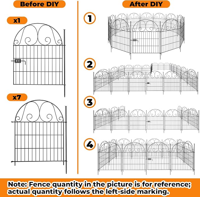 8 Pannels Garden Fence Animal Barrier,Decorative Garden Fence with Gate, No Dig Fencing for Yard,32in(H),Total Length 17.5Ft,Arched Metal Fence Panels,Rustproof Black