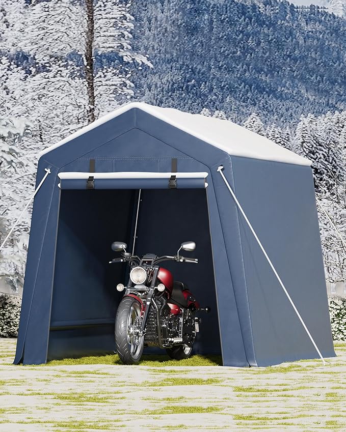 6x6 ft Outdoor Storage Shed, Portable Carport with Roll-up Ventilated Zipper Door and Windows, Heavy Duty Waterproof Tarp, Storage Sheds for Motorcycle, Bike, Firewood, Garden Tools