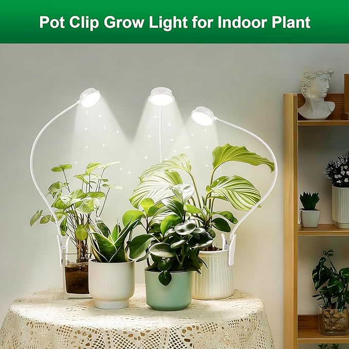 Indoor Small Plant Growth Lights, Pot Clip Grow Lights, LED Full Spectrum, Grow Lamps with 4 Brightness Levels, Auto Timer 6/12/ 16 Hrs for Succulents, White 2 Pack