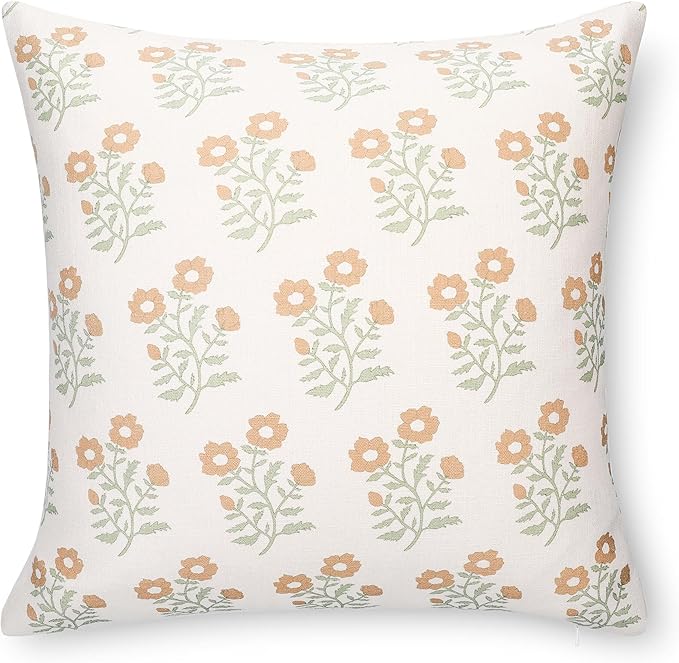 Crumbs Home Modern Farmhouse California Casual Indoor Outdoor Throw Pillow Cover, 20"x20" Water Repellent for Patio, Backyard, Couch, Poolside, Ivory Cream Tan Green Print Block Painting Flowers