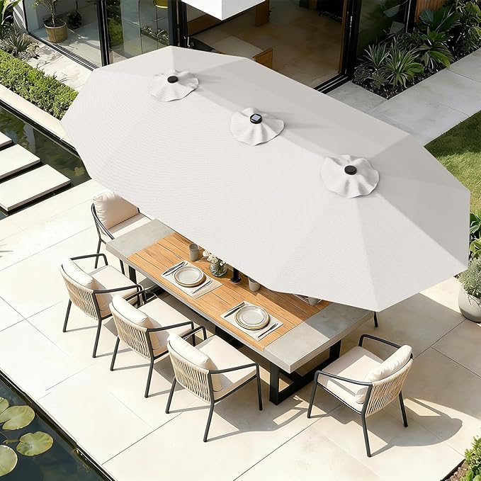 AreShark 13 FT Patio Umbrella with Solar Lights, Double-Sided Outdoor Table Umbrellas with Crank, Large Rectangular Market Umbrella for Porch, Lawn, Pool, Backyard, Cream-White