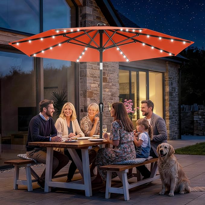 AreShark 9FT Patio Umbrella with Solar Lights, 32 Lighted Pool Umbrella w/Tilt and Crank, Outdoor Market Solar Umbrellas for Garden, Deck, Backyard, Pool and Beach, Orange