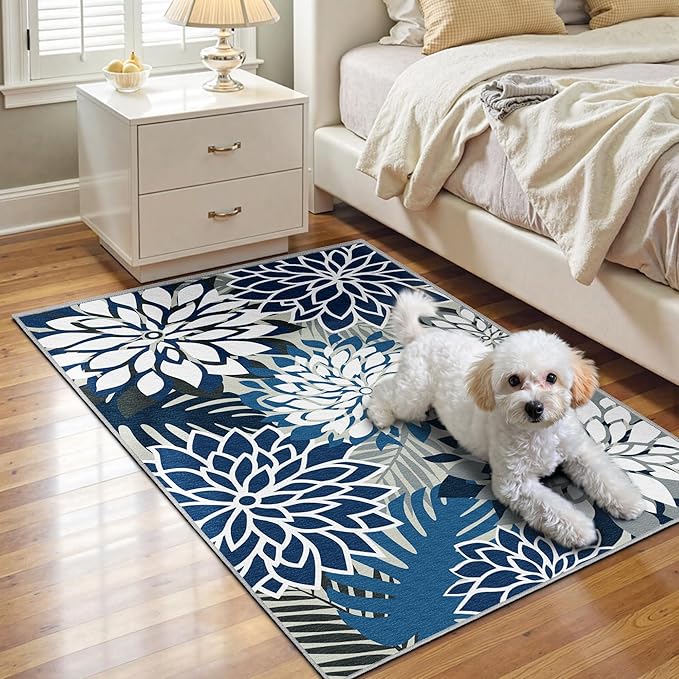Arenarug 2x3 Washable Small Rug Tropical Botanical Modern Floral Indoor Chenille Door Mat Carpet Non Slip for Patio, Entry Way, Entrance, Porch, Blue