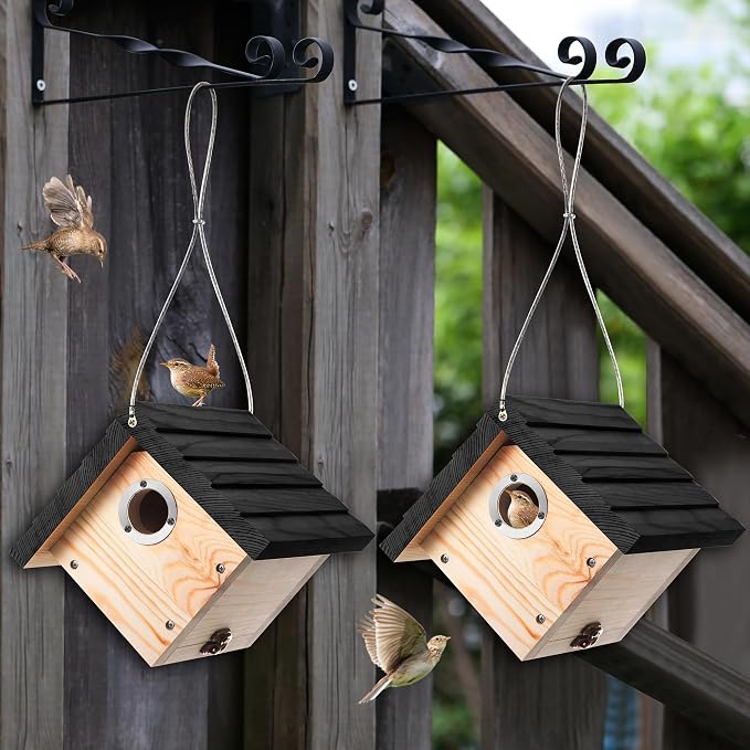 Dreyoo 1 Pack Wren House, 1-1/8'' Entrance Hole Hanging Wooden Wren Bird Houses for Outside with Metal Guard, Air Vents, Pine Wood for Chickadees (Black)