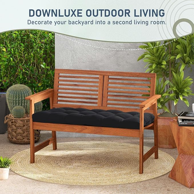 downluxe Outdoor Bench Cushion for Patio Furniture, Water Resistant Tufted Overstuffed Porch Swing Cushions, Thick Outdoor Loveseat Cushions, 48" X 18" X 5", Black, Set of 1