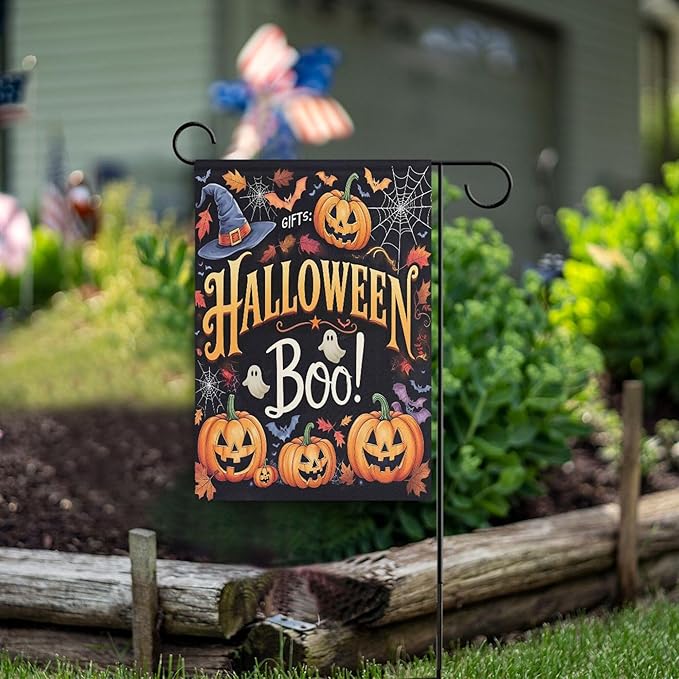 Halloween Ghost Boo House Flag 28x40 Inch Double Sided Outside Witch Bat Pumpkin Spider Web Fall Seasonal Yard Outdoor Flag Banner for Garden Lawn Patio Holiday Decorations