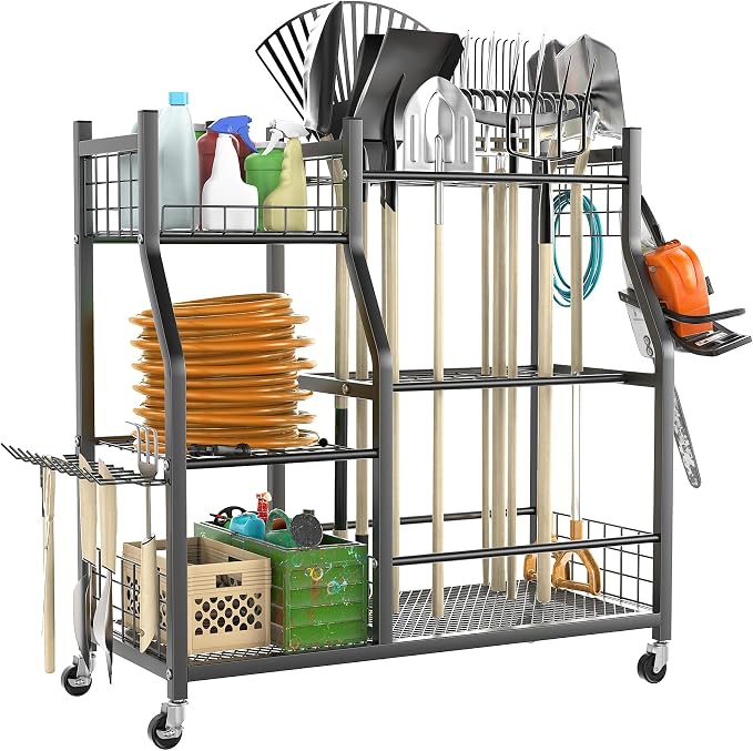 TORACK Garden Tool Organizer with Wheels, Rakes Shovels Yard Tools Stand for Garage, Shed, Garden, Indoor/Outdoor Long-Handled Tools Cart