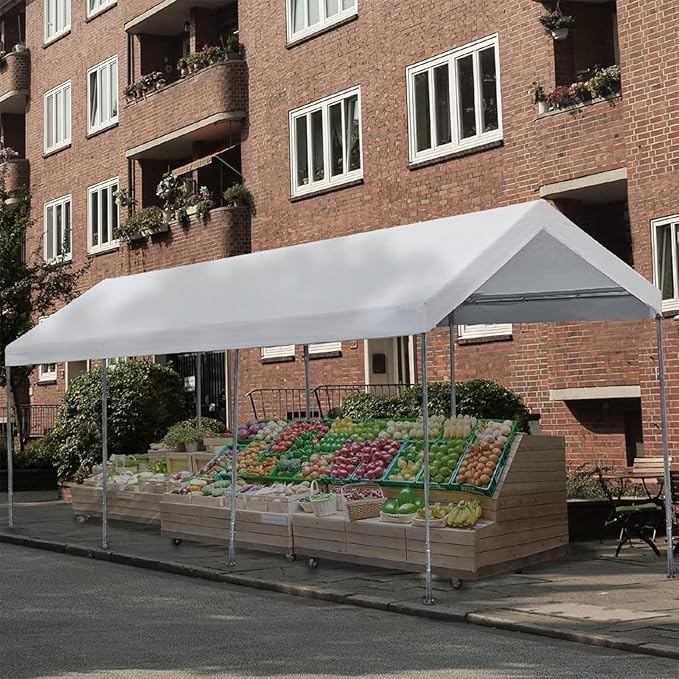 Upgraded Carport Replacement Canopy Cover for 10’ x 20‘ Car Tent Top Garage Shelter Cover Tarp with Ball Bungees (Only Top Cover, Frame Not Include) White