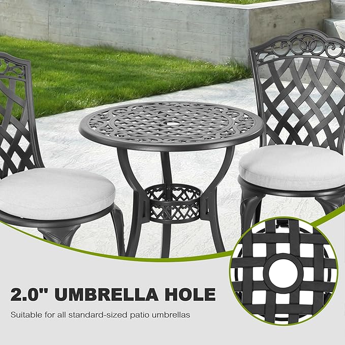 NUU GARDEN Patio Bistro Set 3 Piece, Outdoor Cast Aluminum Bistro Table and Chair Set of 2, Outdoor Patio Bistro Set with Gray Cushions and Umbrella Hole for Balcony, Garden, Lawn, Black