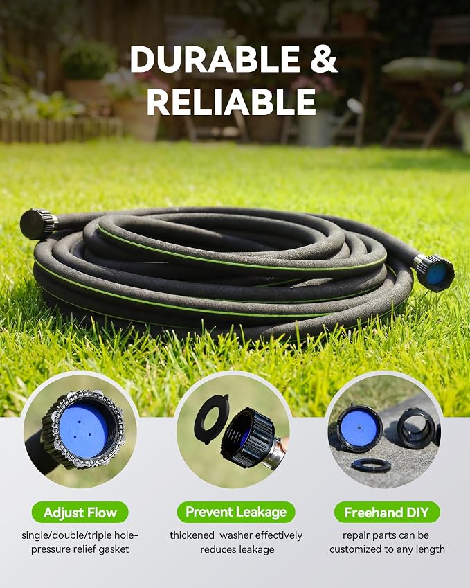 RAINPOINT 1/2'' Soaker Hose 50ft for Garden, Drip Irrigation Hose, Water Seeper Soaker Hoses for Foundation Watering, Save 80% Water for Vegetable Gardens, Flower Beds, Lawns, Orchards, Green