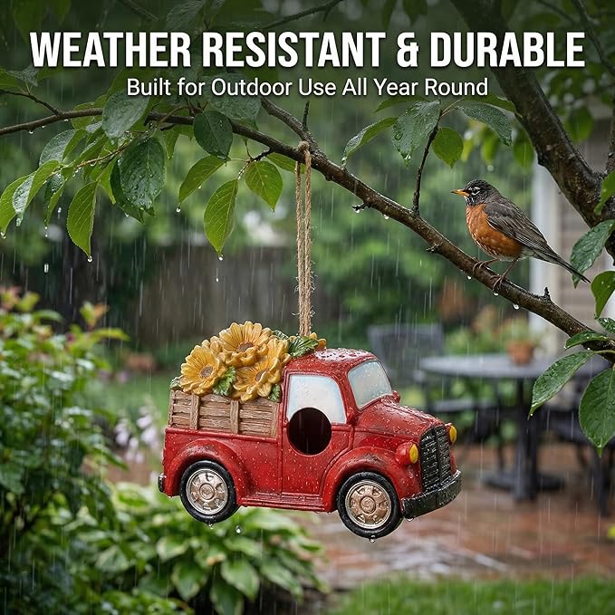 Polystone Resin Bird House Outdoor Garden Bird House, Red Truck with Flowers