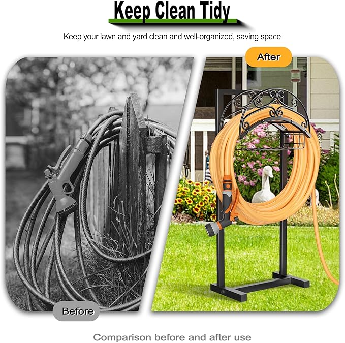 Gayuteay Garden Hose Holder – Upgraded Water Hose Stand with Storage Basket Holds 151ft, Heavy Duty Freestanding Garden Hanger Storage Rack for Outside Yard Lawn Farm