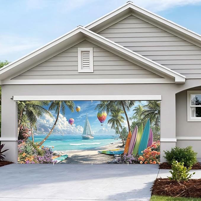 7 * 16FT Summer Hot Air Balloon Garage Door Cover Decorations Sunset Palm Trees Garage Door Banner for Outdoor Indoor Summer Party Photography Backdrop