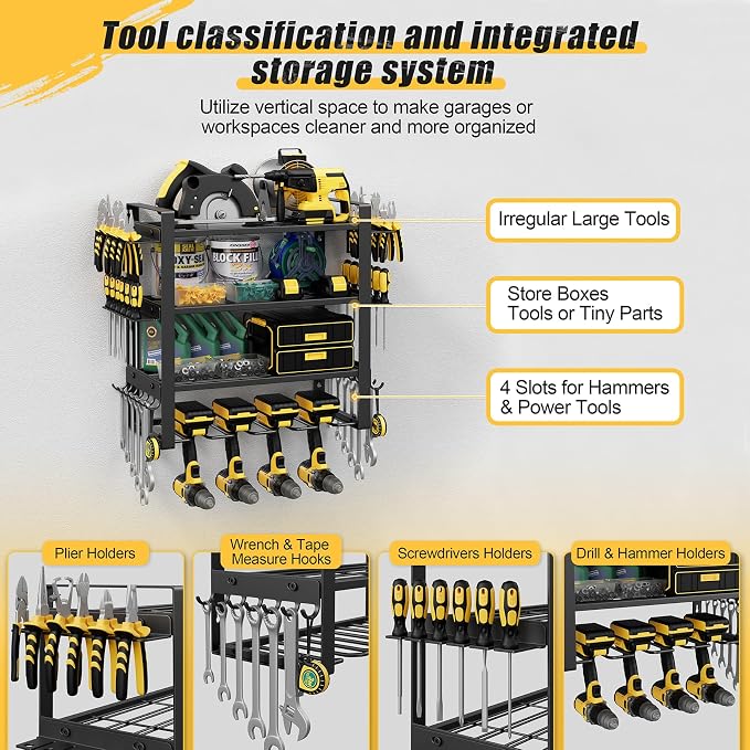 Jusgym Power Tool Organizer Wall Mount |200lbs Garage Tool Storage Rack with 4 Cordless Drill Holder |4-Tier Heavy Duty Garage Organization |Gifts for Men