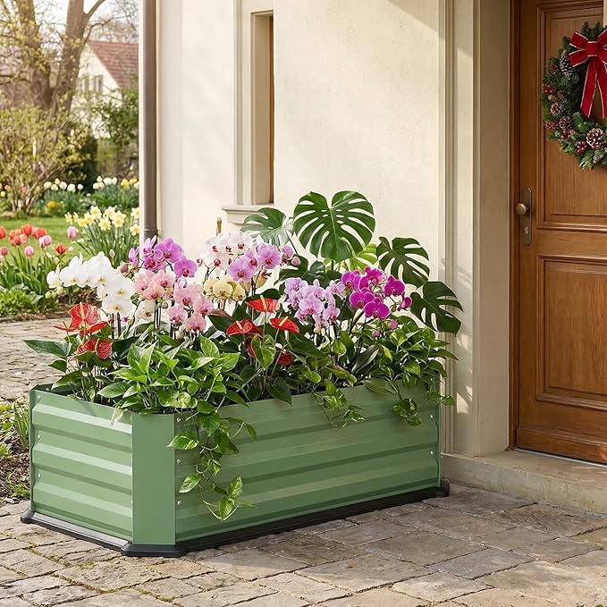 Galvanized Raised Garden Bed with Bottom, Indoor Metal Raised Garden Beds, Easy Assembly No leaks & Rust-Proof Flower Bed, Outdoor Planter Box for Vegetables, Herbs, Patio, Garden, Balcony, Green
