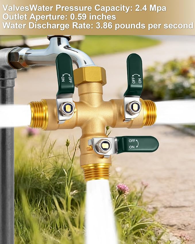 EBH Garden Hose Splitter 3 Way, Heavy Duty Solid Brass Hose Splitter with Shutoff Valves, Water Spigot Splitter With 304 Stainless Steel Handle, Full Flow Outdoor Faucet Splitter, 3/4" GHT Thread