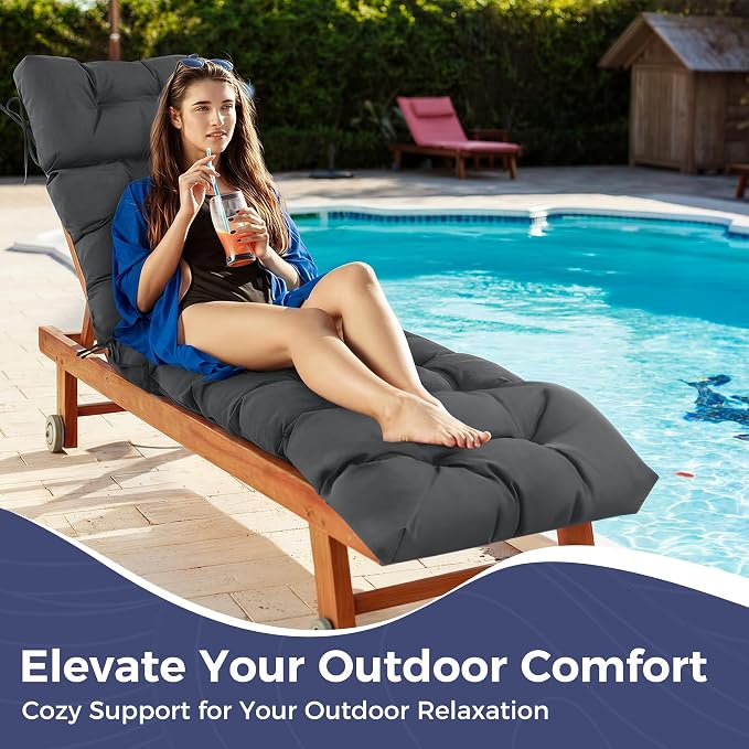 Outdoor Chaise Lounge Cushions 75.1x22.8x4.7 Inch, Waterproof Lounge Chair Cushions for Pool, Patio, Deck, Lawn, Fade Resistant Lounge Cushions for Outdoor Furniture with Ties, Dark Grey