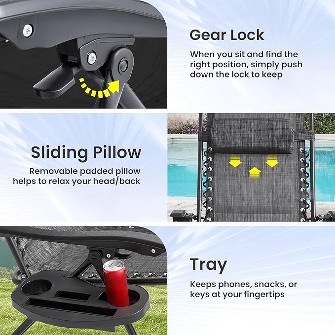 Zero Gravity Chair Set of 4 Oversized Folding Recliner, Padded Anti Gravity Lounge Chair with Adjustable Pillow & Cup Holder for Outdoor Camping, Patio, Poolside, Lawn (Gray)