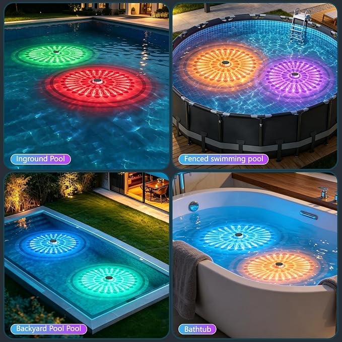 Solar Floating Pool Lights, 2026 Upgrade 2-Pack Solar Pool Lights for Above Ground & Inground Pools, 57 Lighting Modes, IP67 Waterproof, 3 Timers, 3000mAh, for Pool Parties, Backyard, Pond & Bathtub