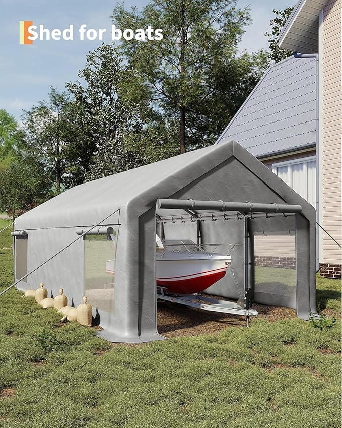 13X20FT Garage Tent Carports with Roll-Up Windows, Heavy Duty Portable Carport with Removable Sidewalls & Doors, Outdoor Portable Garage for Car,Truck,Boat