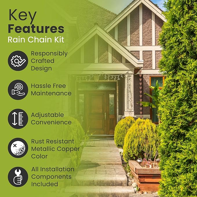 Rain Chain Kit w/Adapter & Extension | Copper Rain Chains for Gutters 10 ft | Rain Chain | Gutter Chain Downspout | Rain Chains for Outside | Rain Catcher | Rain Chimes