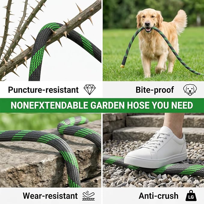 Non-Expandable Garden Hose 50 FT, Heavy-Duty & Flexible Water Hose with 10-Function Nozzle, Kink-Free & Leak-Proof Design, Ultra Lightweight Portable Yard Hose for Lawn, Car, Outdoor Use
