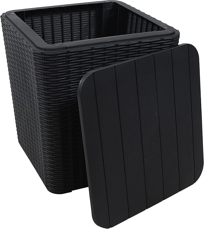 Sunnydaze 11.5-Gallon Outdoor Deck Box - Weather-Resistant Side Table with Storage for Cushions, Garden Tools, Pool Supplies - Phantom Gray - Faux Rattan