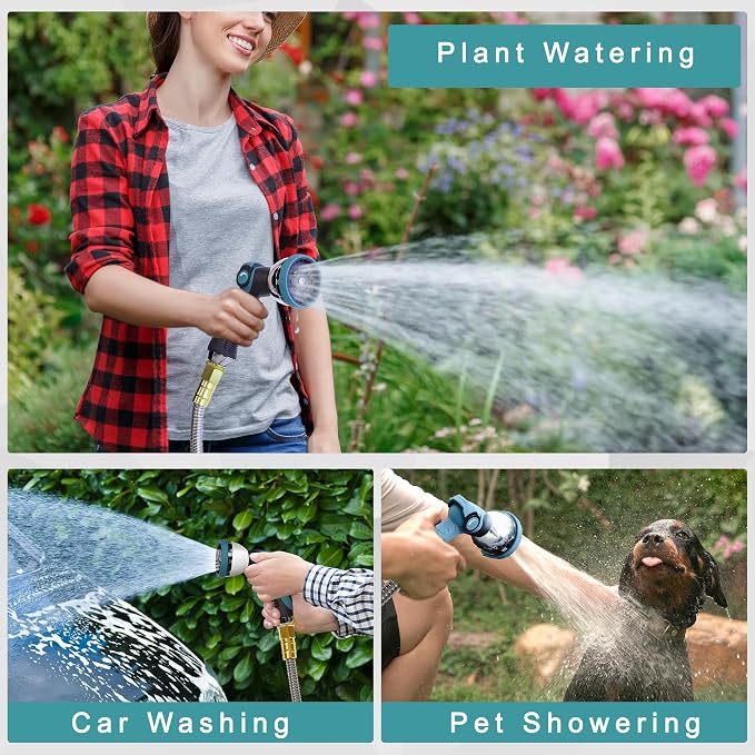 100FT Garden Hose, Stainless Steel Water Hose, Flexible with a 10-Mode Nozzle Sprayer, No Kink, Lightweight, Puncture Proof, Ideal for Yard, Lawn, Outdoor, 5/8'' Outside Diameter