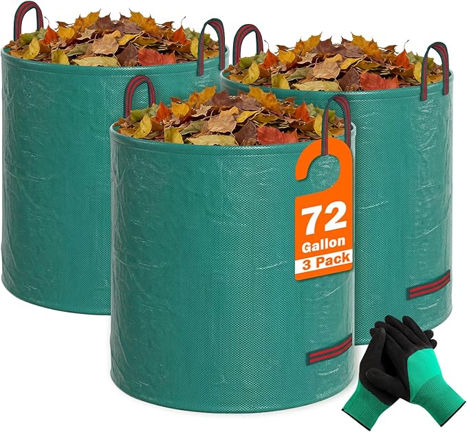 FEED GARDEN 72 Gallon Reusable Yard Waste Bags, 3 Pack | Heavy-Duty Woven Polypropylene, Stand Upright Design, Reinforced Handles, Ideal for Leaves, Grass Clippings & Garden Debris