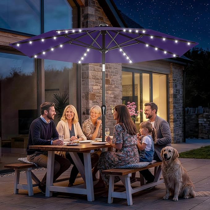 AreShark 9FT Patio Umbrella for Outdoor, Lighted Pool Umbrella w/Tilt and Crank, Outdoor Uumbrellas for Patio, Garden, Deck, Backyard, Pool and Beach, Deep Purple