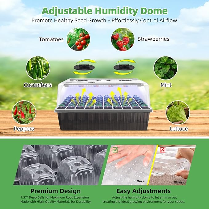 Indoor Seed Starting Kit with 60-Cell Self-Watering Tray, LED Grow Light, Timer, Humidity Dome, pH Meter for Plant Germination, Vegetables, Herbs, Flowers