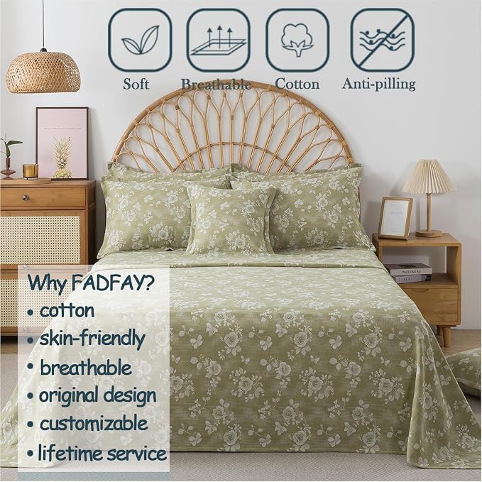 FADFAY Sage Green Sheets Set Queen 100% Cotton Washed Double Gauze Muslin Bedding 4Pcs Vintage Rose Floral Sheets Shabby Cottagecore Bedding Soft & Breathable Deep Pocket Fitted Sheet, Queen Size