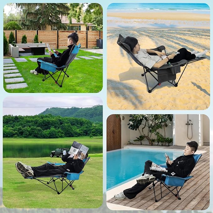 Reclining Camping Chair 4 Position with Foot Rest Comfortable for Adults 265Ibs Folding Lounger Mesh Beach Chair with Cooler Bag,Cotton Cushion and Cup Holder for Outdoor Patio