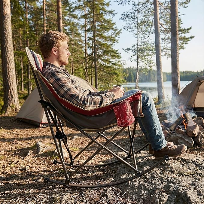 SUNNYFEEL Heated Rocking Camping Chair Fully Padded Patio Folding Chair Portable Oversized Outdoor Rocker High Back Lawn Recliner with Side Pocket Camp Rocker Chairs for Adults Heavy Duty 500 LBS Red