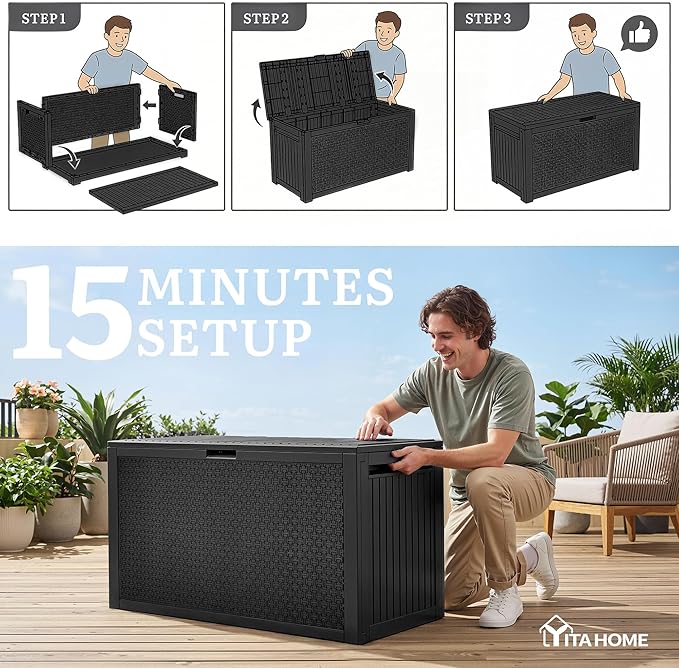 YITAHOME 90 Gallon Outdoor Storage Deck Box, Waterproof Resin Deck Box w/Handles, Lockable Outdside Deck Box for Patio Furniture, Garden Tools, Lockable & UV Resistant(Black)