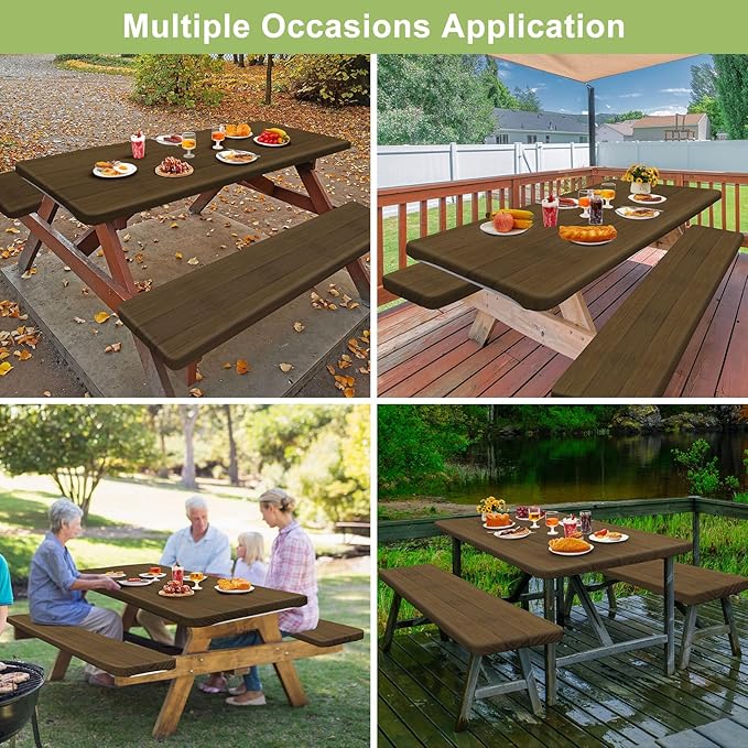Play Tailor Picnic Table Cover with Bench Covers Camping Essentials Waterproof Windproof Camping Tablecloth with Drawstring Bag, Fitted Rectangle Tables and Seats, 72in, Dark Brown