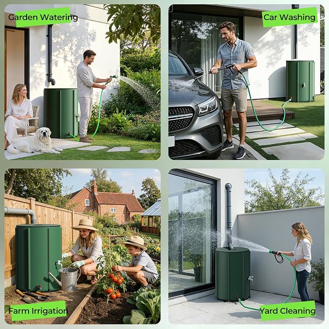 SKM Collapsible Rain Barrel, PVC Rain Water Collection System and Water Tank for Outdoor/Garden/Lawn, Portable Rain Water Collection Barrel Container with Spigots & Overflow Kit, 100Gallon, Green