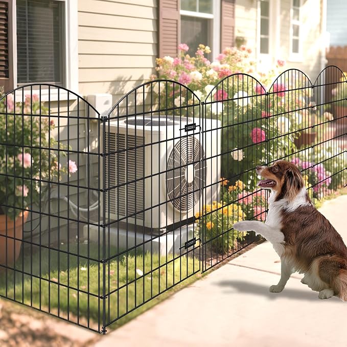 FOREHOGAR Metal Garden Fence with Gate 48in (H) x 20.3ft (L), 1 Gate+ 7 Panels Dog Fences Border Fence Animal Barrier, No Dig Garden Fencing for Yard Flower Bed Lawn Patio Outdoor, ECG4808G, Black