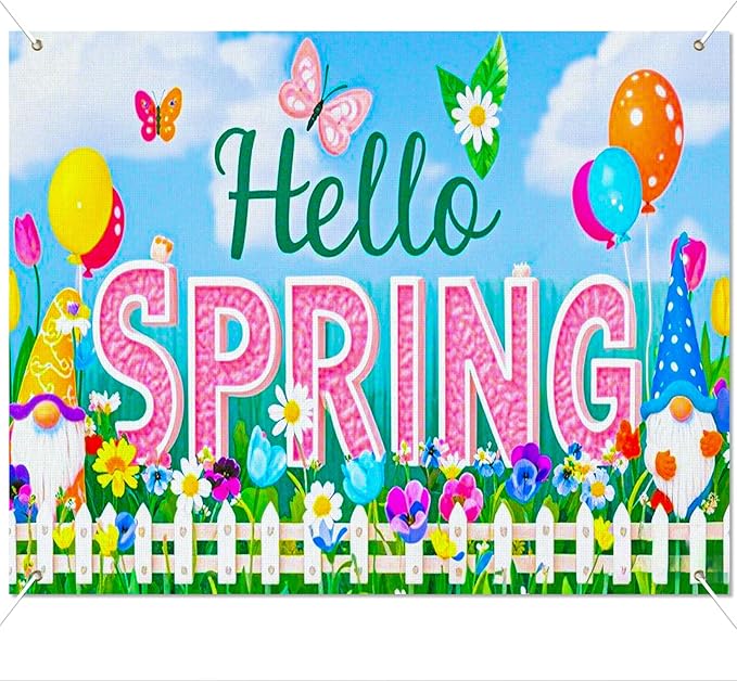 BlissYard Spring Gnome Backdrop 8x6ft Hello Spring Garden Party Background Cute Cartoon Gnome Photography Backdrop for Spring Festival Easter Celebration Birthday Classroom Photo Booth Decor