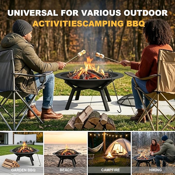 Outdoor Wood Burning Fire Pit, Heavy Duty Round Steel Fire Bowl for Backyard, Patio, Camping, Bonfire, Black Finish, with Mesh Spark Screen and Hook