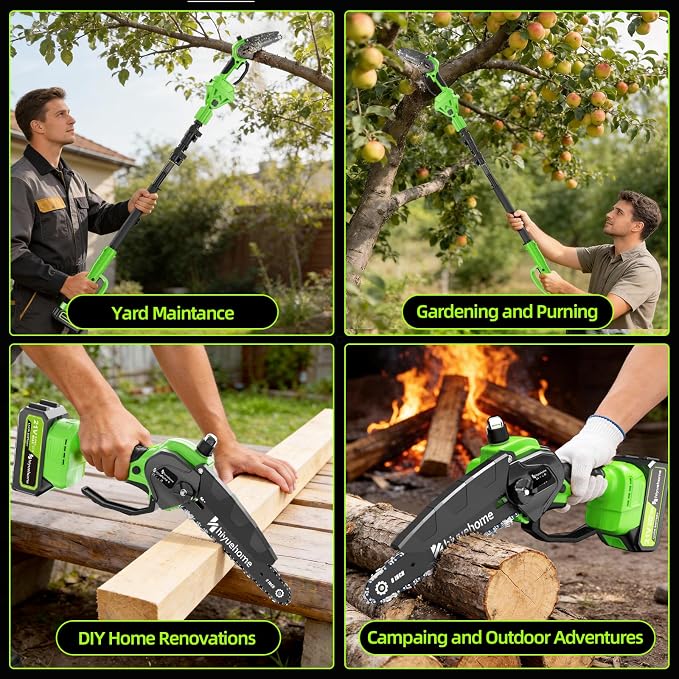 21V Cordless Pole Saw, 4-in-1 180° Rotatable Electric Tree Trimmer with 6/8 Inch Guide Bars,4000mAh Battery & Fast Charger, Telescopic Pole, Brushless Motor for Garden/Farm/Camping