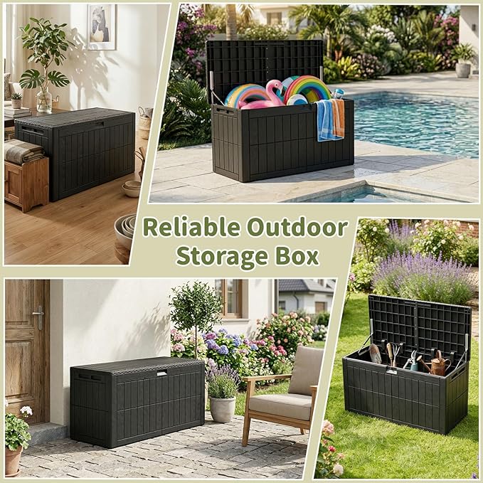 100 Gallon Outdoor Storage Box, Waterproof Lockable Resin Deck Box with Seat, Patio Furniture Cushion Storage, Garden Tool Organizer & Pool Toy Box, Black