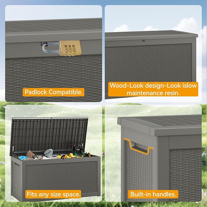 KAMABOKO 300 Gallon Outdoor Storage Box, Resin Deck Boxes Indoor and outdoor, Waterproof Storage Box Lockable Lid for Garden Tools, Package Delivery, Patio Cushions, Grey