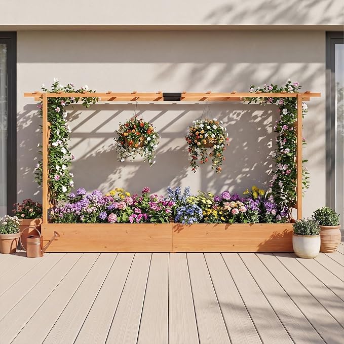 HAPPYGRILL Raised Garden Bed with Trellis, Freestanding 45" Wood Planter Box w/Hanging Roof & 8 Drainage Holes for Vine Climbing Plants Flowers, Outdoor Wood Elevated Garden Bed for Patio Yard, Orange