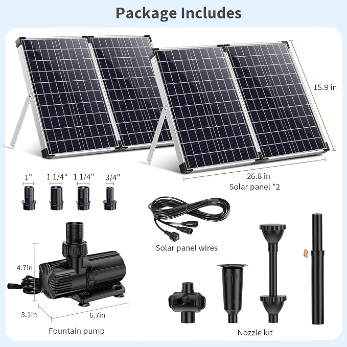 POPOSOAP 120W Solar Water Fountain Pump, 1600GPH Adjustable Flow & Dry-Run Protection Pond Pump, Dual Solar Panels, 3 Spray Nozzles, Solar Fountain Pump Kit for Outdoor Ponds, Water Garden P1200
