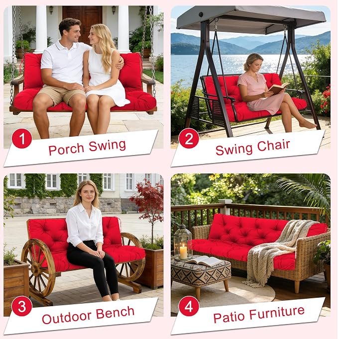 Porch Swing Cushions 40 inch Waterproof & Fade Resistant Thicken 5" Outdoor Swing Cushions 2 Seater Replacement with Backrest & Ties Patio Swing Cushions for Outdoor Furniture (Red)