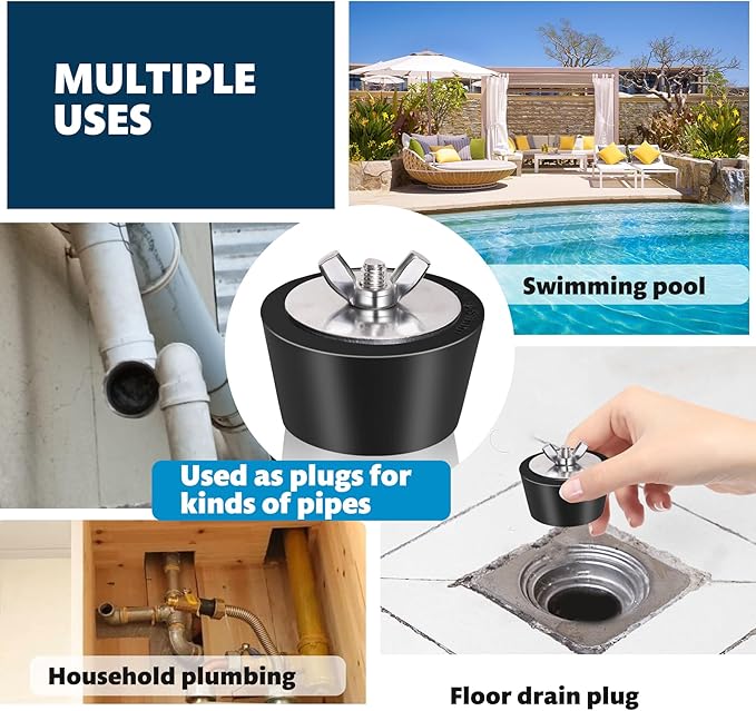 2 Pack Rubber Pool Winter Plugs with One T-Handle 1.25"– 1.5" Pool Winterizing Plugs with Stainless Steel Screws Pool Return Jet Plug for Inground & Above Ground Pools