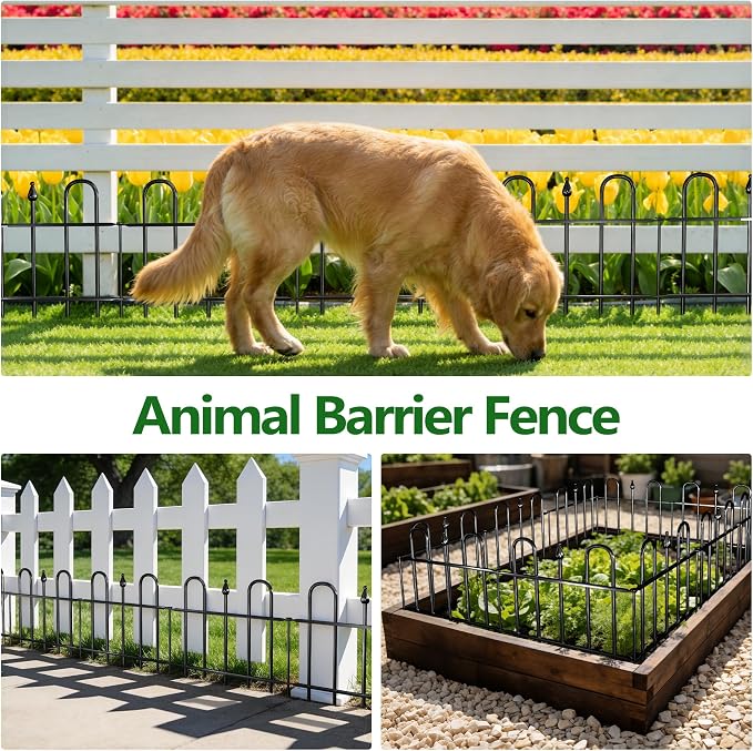 7ft(L) x 12.8in(H) 5 Panels Metal Decorative Garden Fence, No Dig Animal Barrier Fence, Garden Border Fence Panels with Ground Stake, for Pets, Flower Bed, Yard, Patio